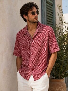 Vintage Y.M.L.A. USA Camp Collar Shirt Mens L Red Geometric Resort Y2K